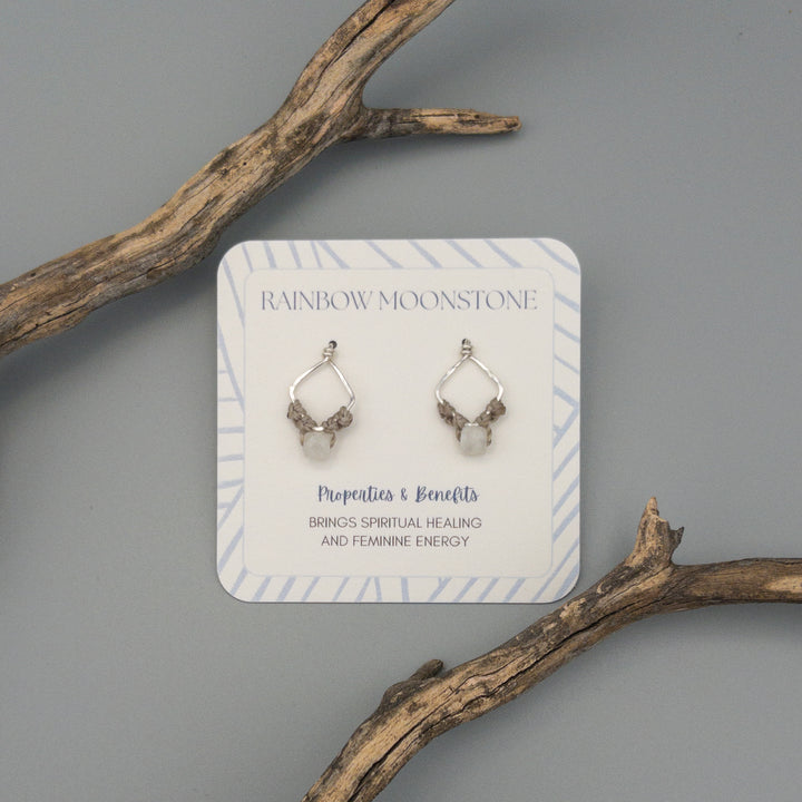 rainbow moonstone square macrame earrings in sterling silver on gray background