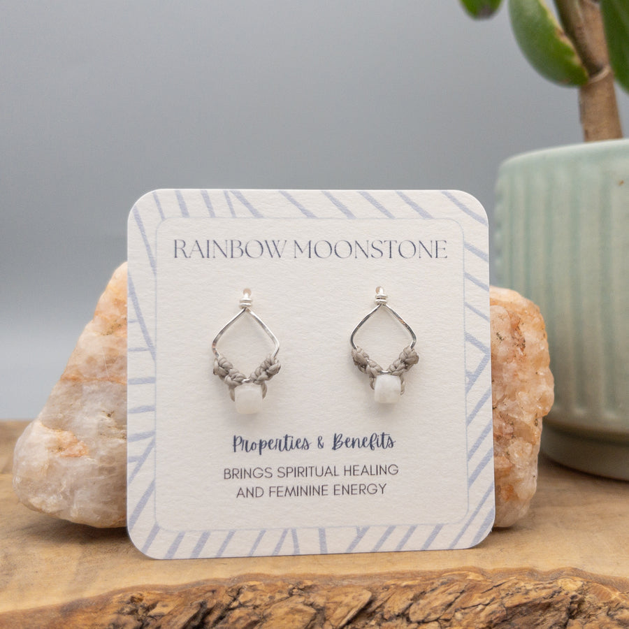 rainbow moonstone square macrame earrings in sterling silver