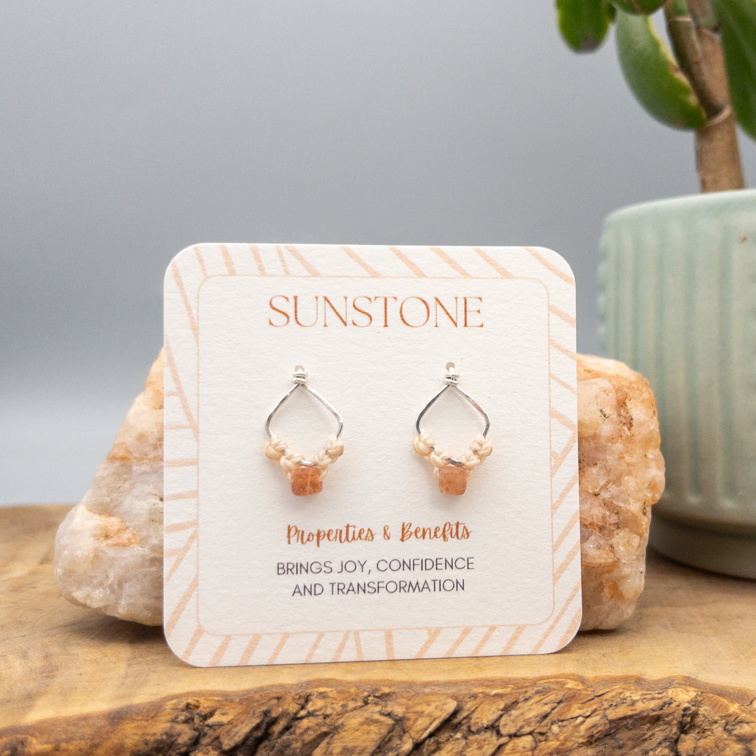 square sterling silver sunstone macrame earrings