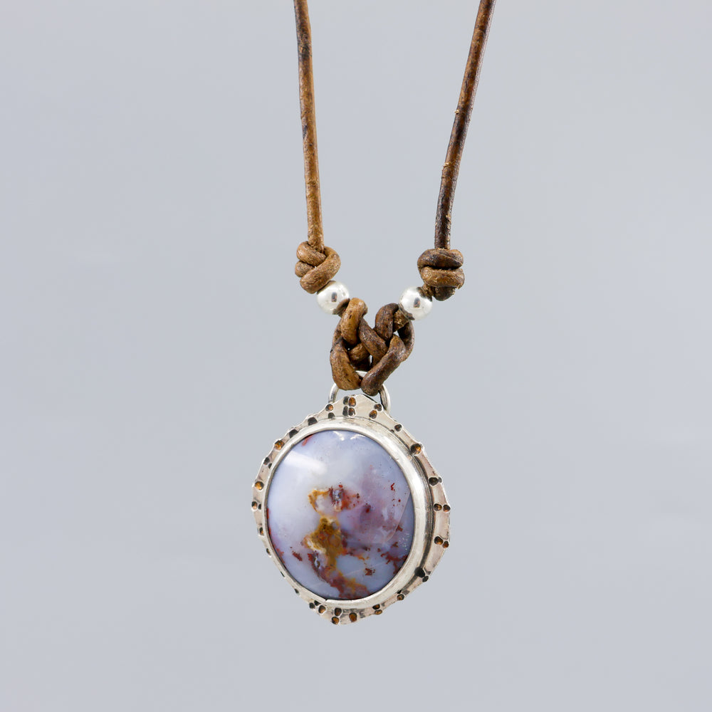 handmade dendritic opal and sterling silver necklace on leather cord
