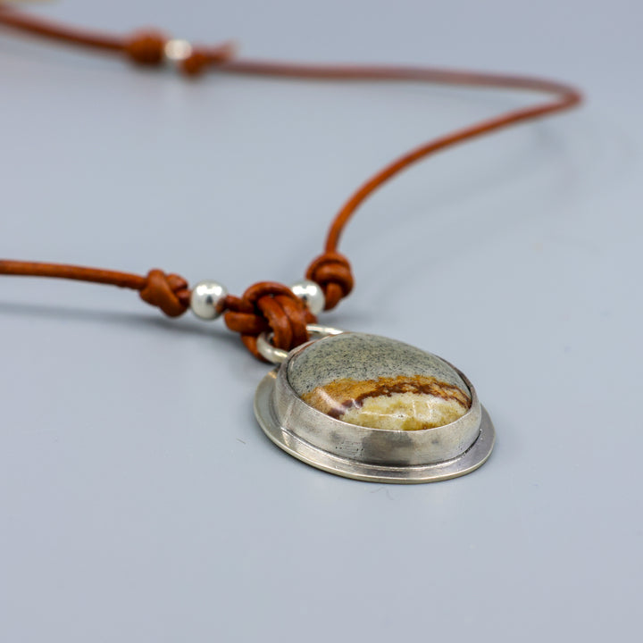 jasper sterling silver pendant on leather cord detail photo