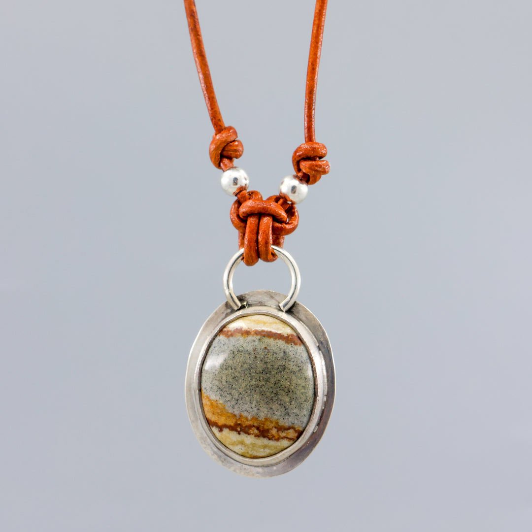 handmade jasper sterling silver pendant on leather cord