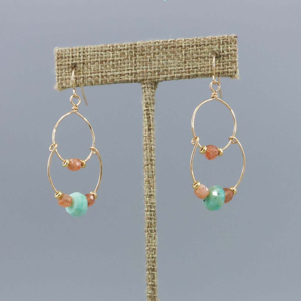 handmade gold fill double hoop earrings with amazonite and sunstone beads