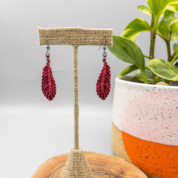 Deep red macrame feather earrings with oxidized sterling silver ear wires