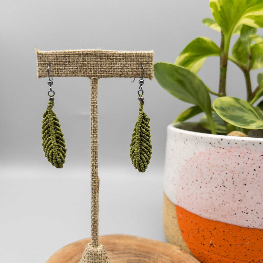 Olive green macrame feather earrings with oxidized sterling silver ear wires
