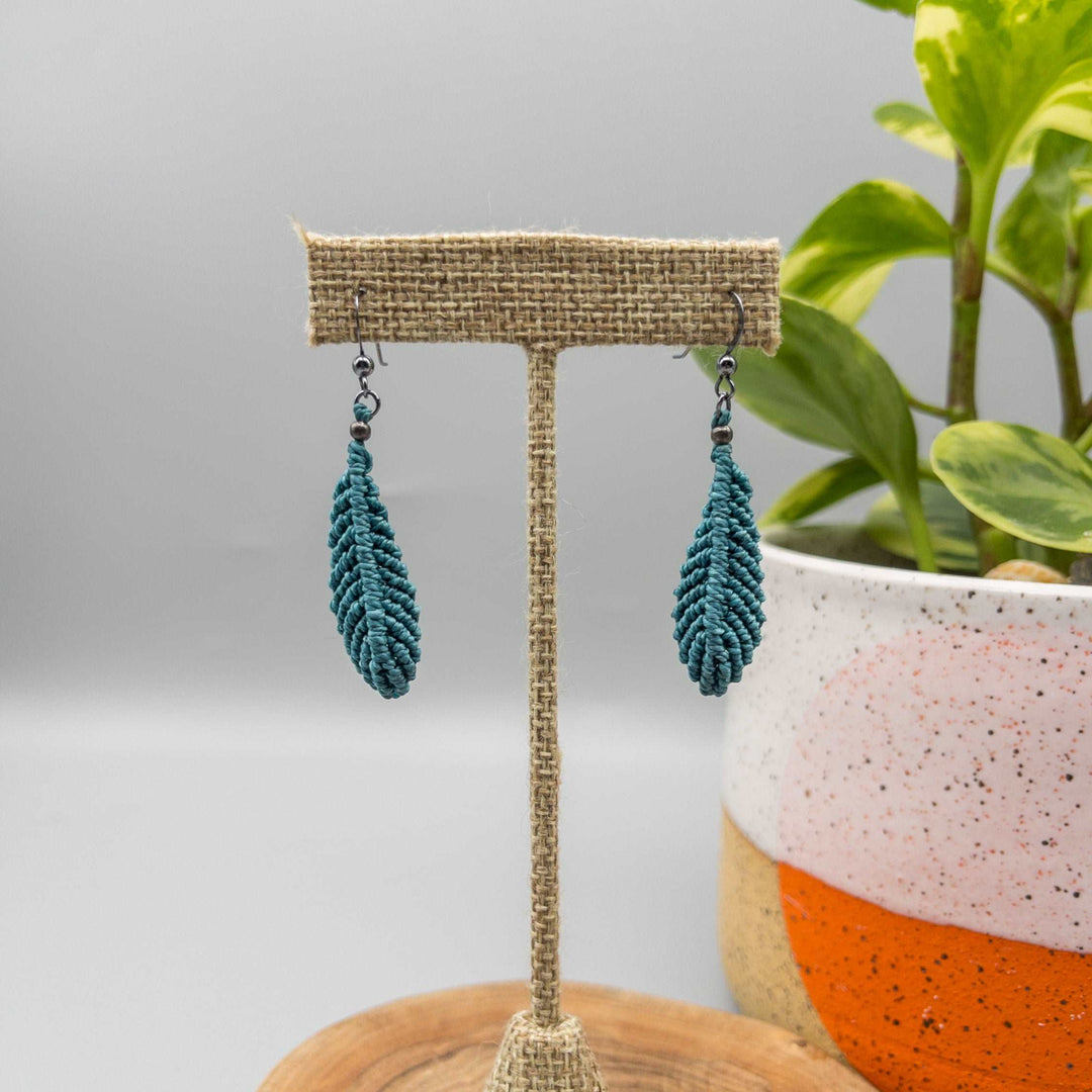 Rich teal macrame feather earrings with oxidized sterling silver ear wires