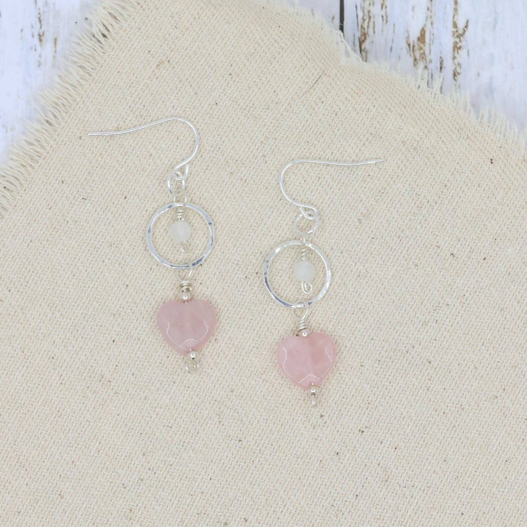 rose quartz, rainbow moonstone, sterling silver earrings handmade in California