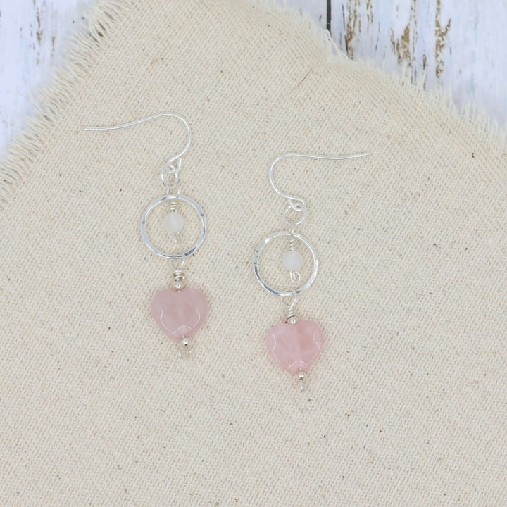 rose quartz, rainbow moonstone, sterling silver earrings handmade in California