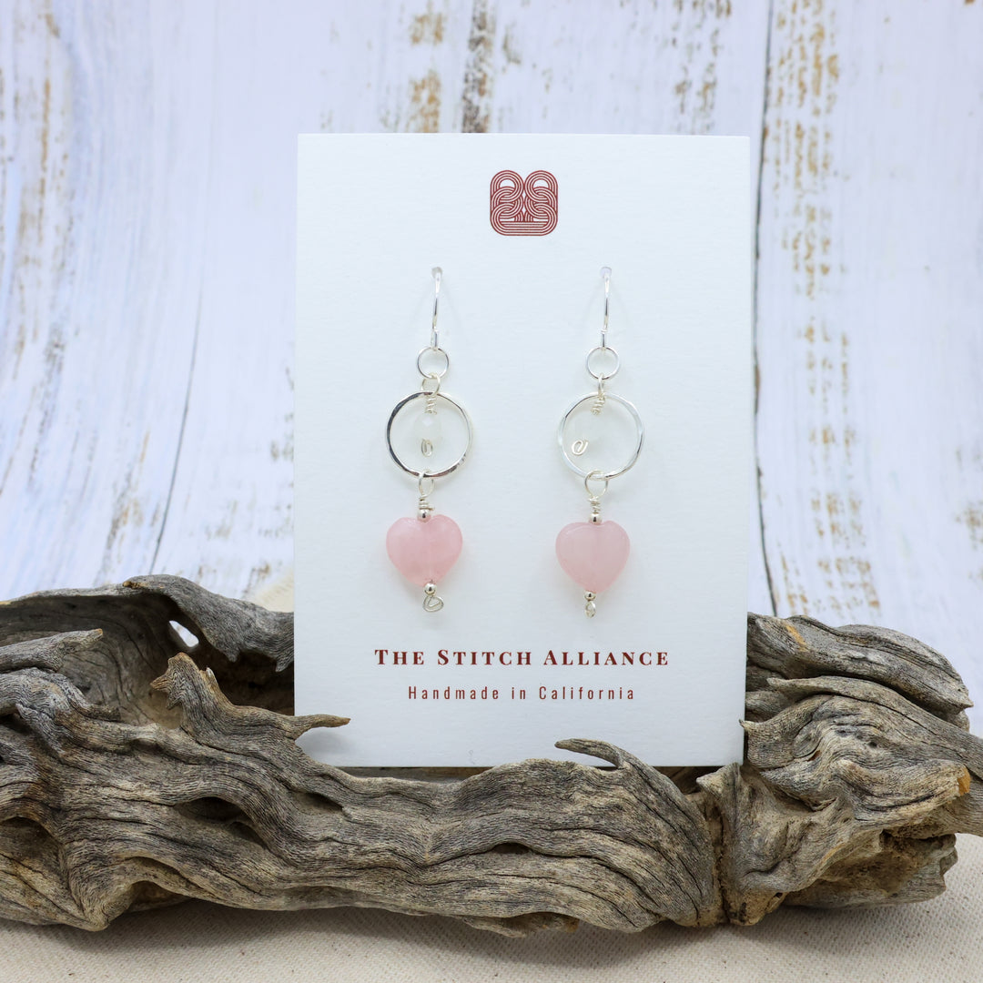 handmade rose quartz, rainbow moonstone, sterling silver earrings