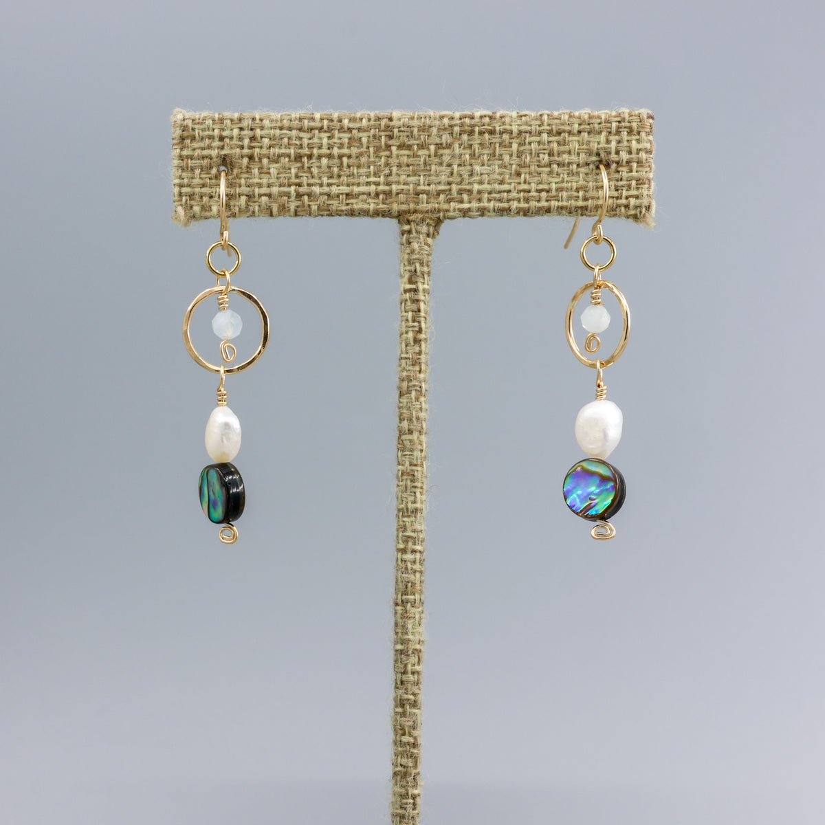 abalone, freshwater pearl, and rainbow moonstone gold filled earrings