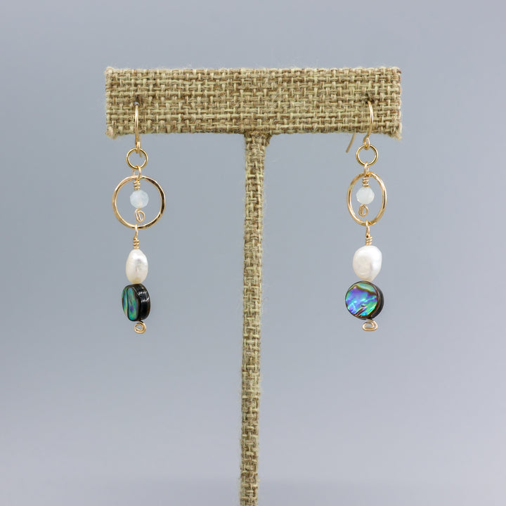 abalone, freshwater pearl, and rainbow moonstone gold filled earrings