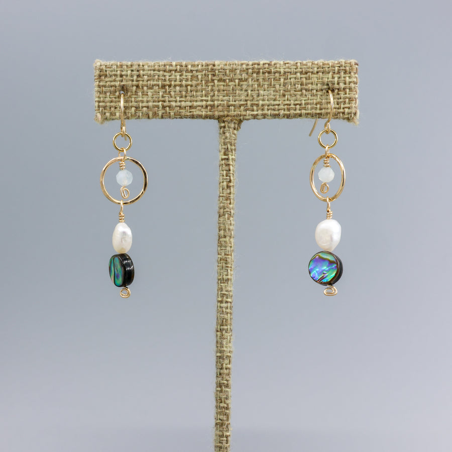 abalone, freshwater pearl, and rainbow moonstone gold filled earrings