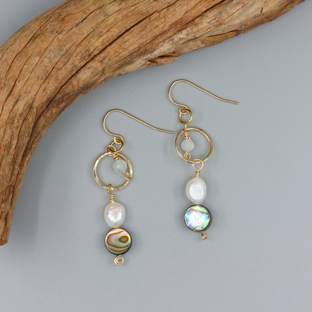 handmade abalone, freshwater pearl, and rainbow moonstone gold filled earrings