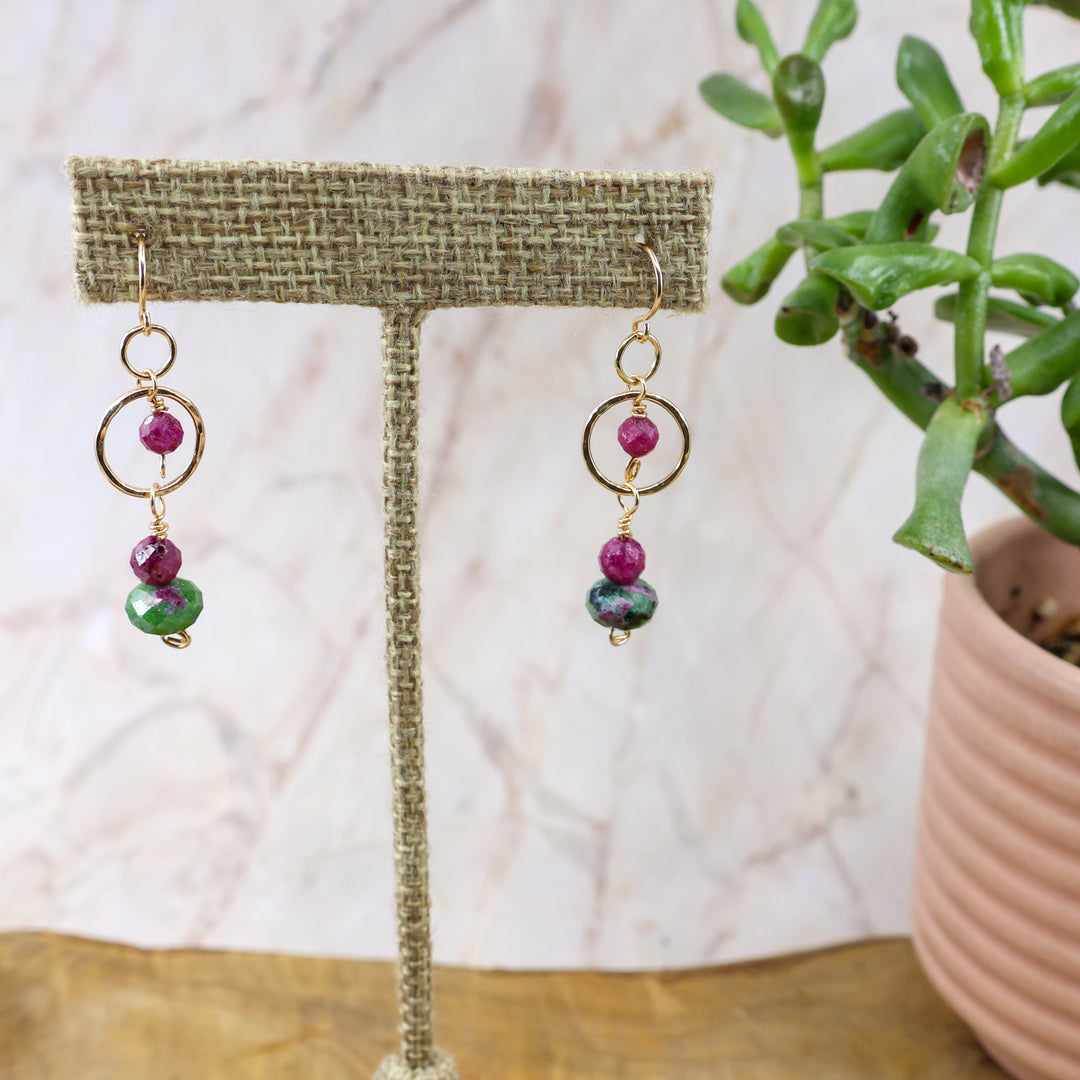 handmade gold fill, ruby, ruby in zoisite earrings