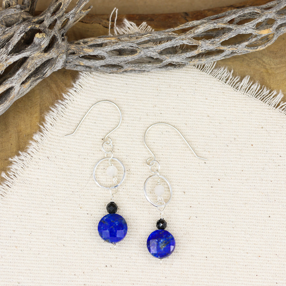 lapis lazuli, black spinel, and rainbow moonstone sterling silver earrings