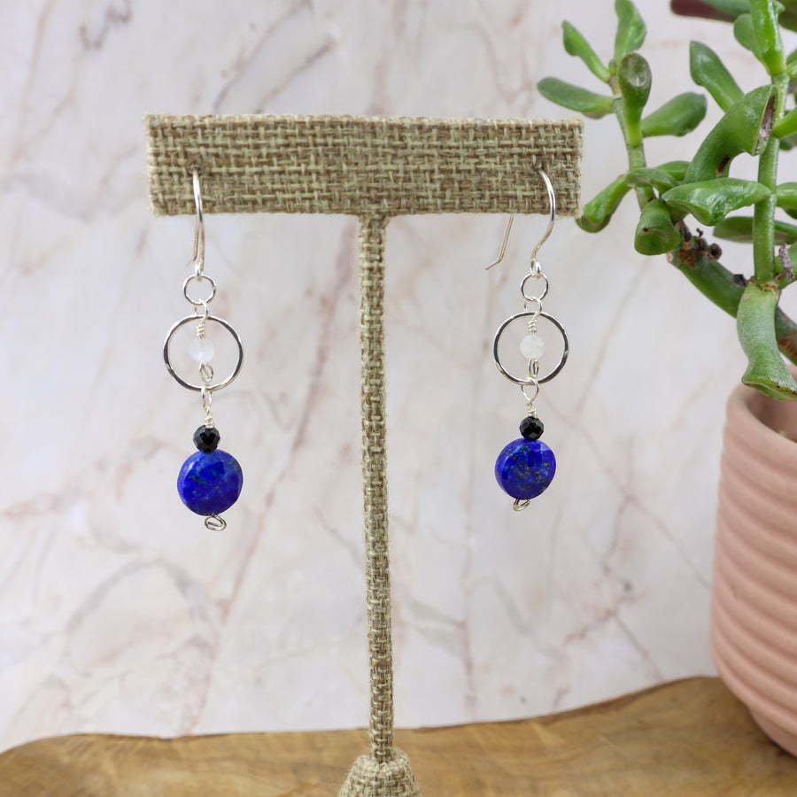 lapis lazuli, moonstone, black spinel sterling silver earrings