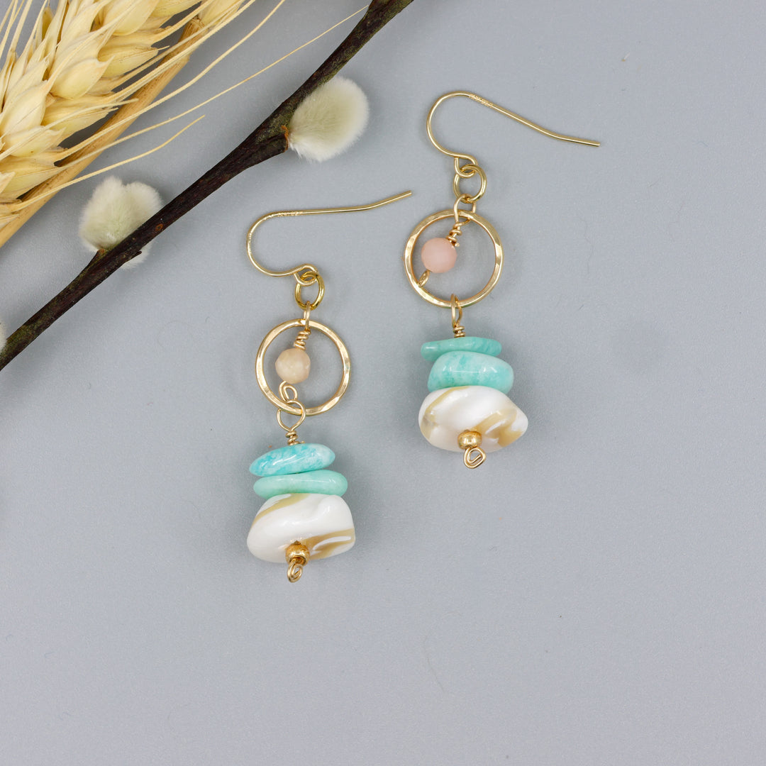 mother of pearl, amazonite, and pink opal gold dangle earrings