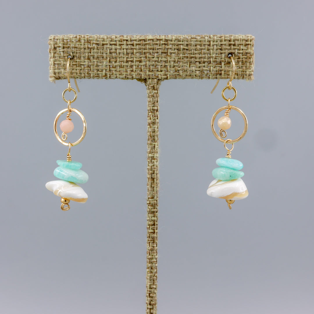 handmade mother of pearl, amazonite, and pink opal gold dangle earrings