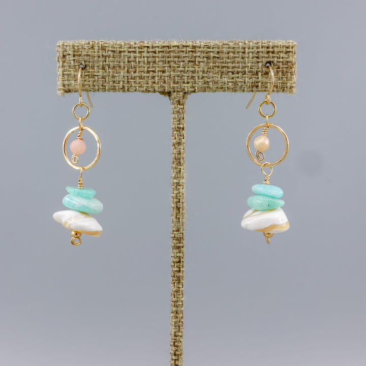 handmade mother of pearl, amazonite, and pink opal gold dangle earrings