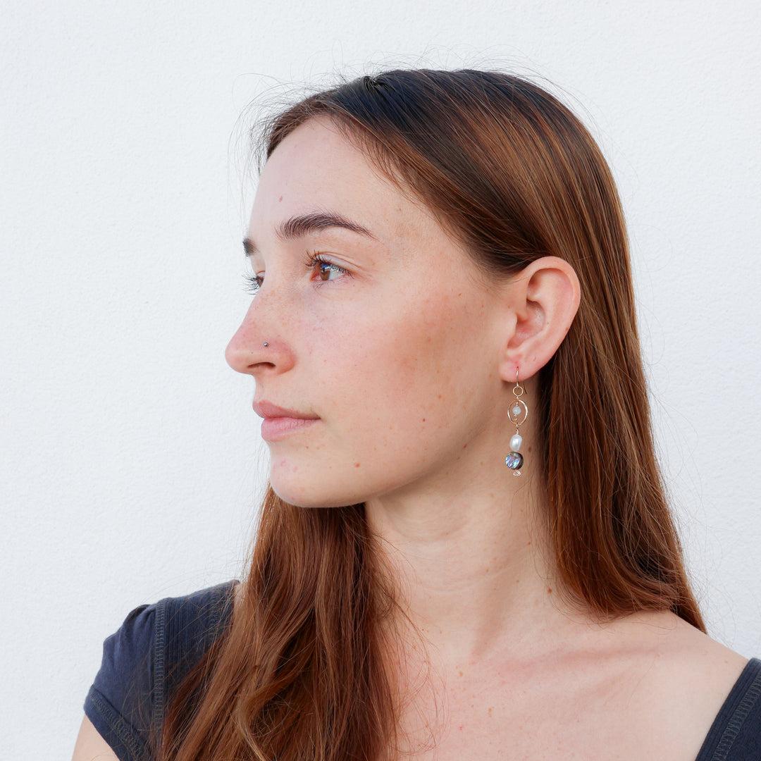 gold filled abalone and freshwater pearl earrings