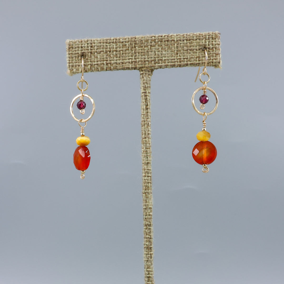 Carnelian, tiger's eye, and garnet gold filled dangle earrings