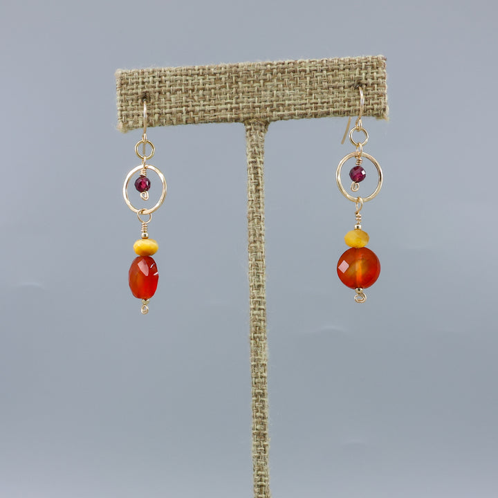 Carnelian, tiger's eye, and garnet gold filled dangle earrings