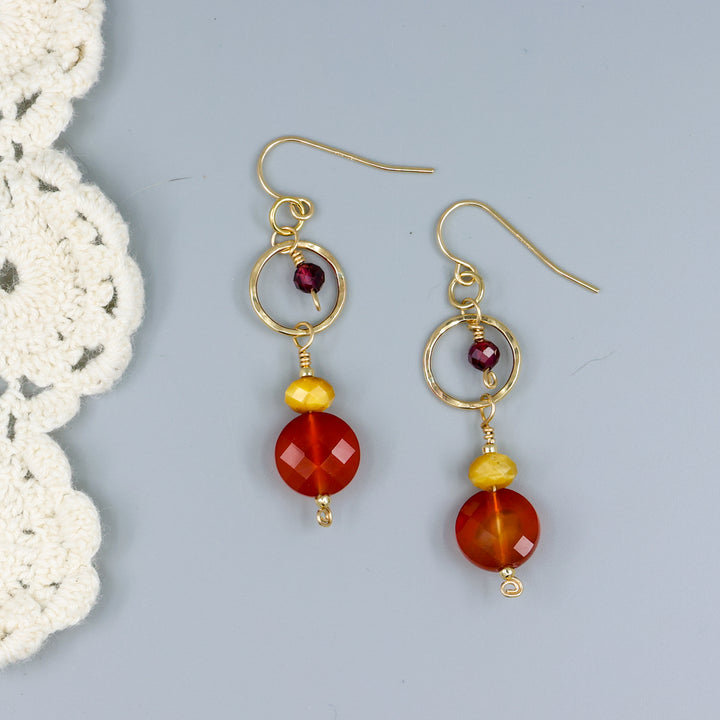 handmade Carnelian, tiger's eye, and garnet gold filled dangle earrings