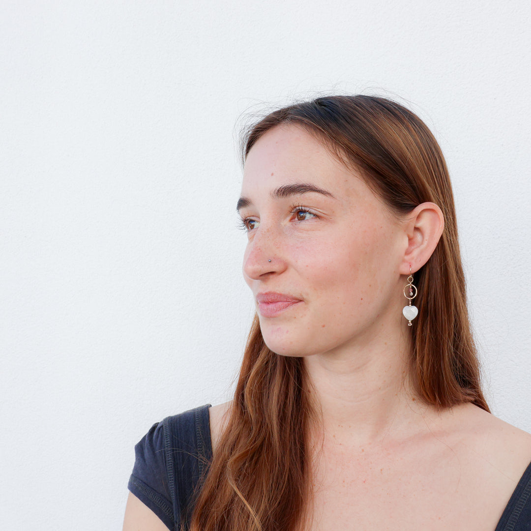 gold fill, moontstone hearts, and strawberry quartz earrings