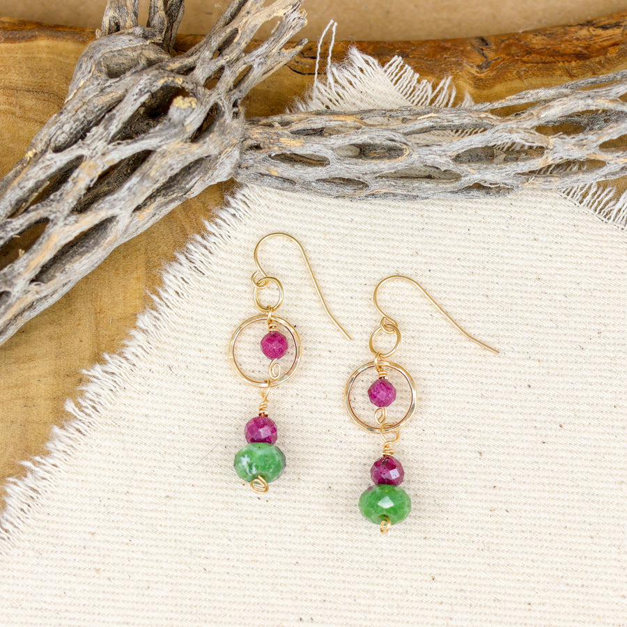 handmade ruby, ruby in zoisite gold filled earrings