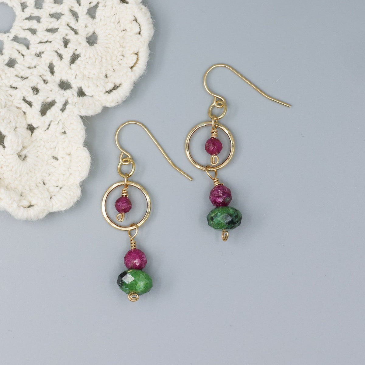 handmade ruby and ruby zoisite gold filled dangle earrings