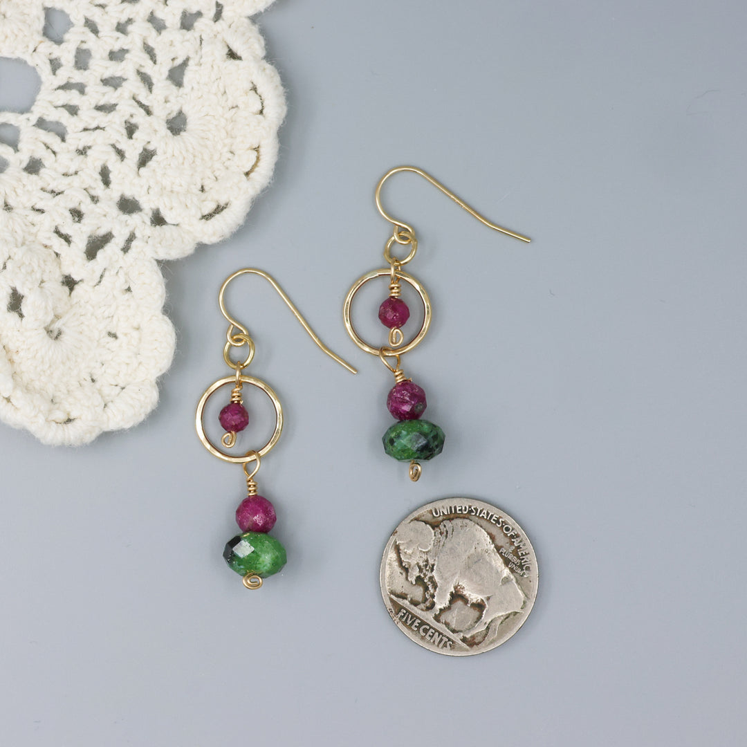 handmade ruby and ruby zoisite gold filled dangle earrings with a nickel for size comparison