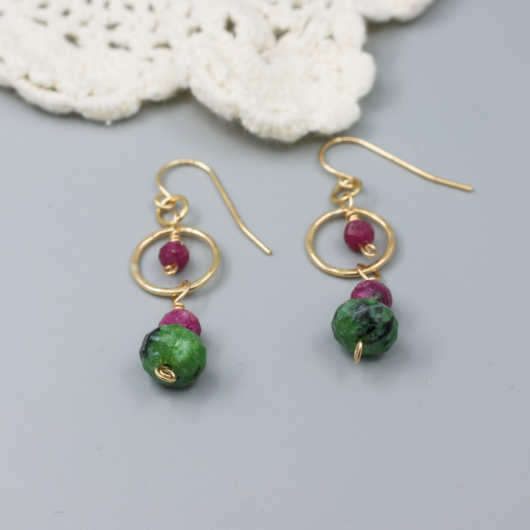 handmade ruby and ruby zoisite gold filled dangle earrings detail view