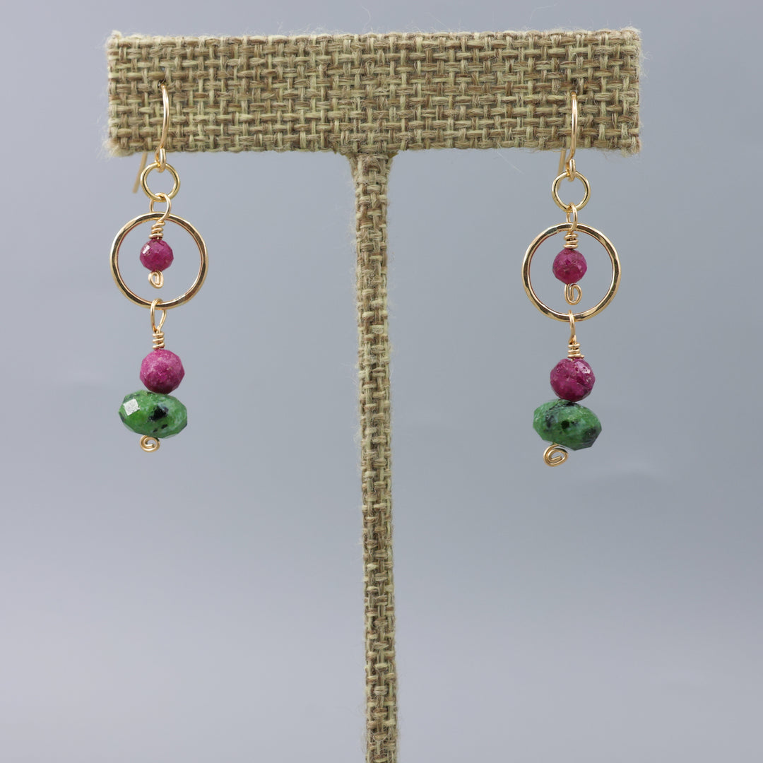 handmade ruby and ruby zoisite gold filled dangle earrings on a linen hanger