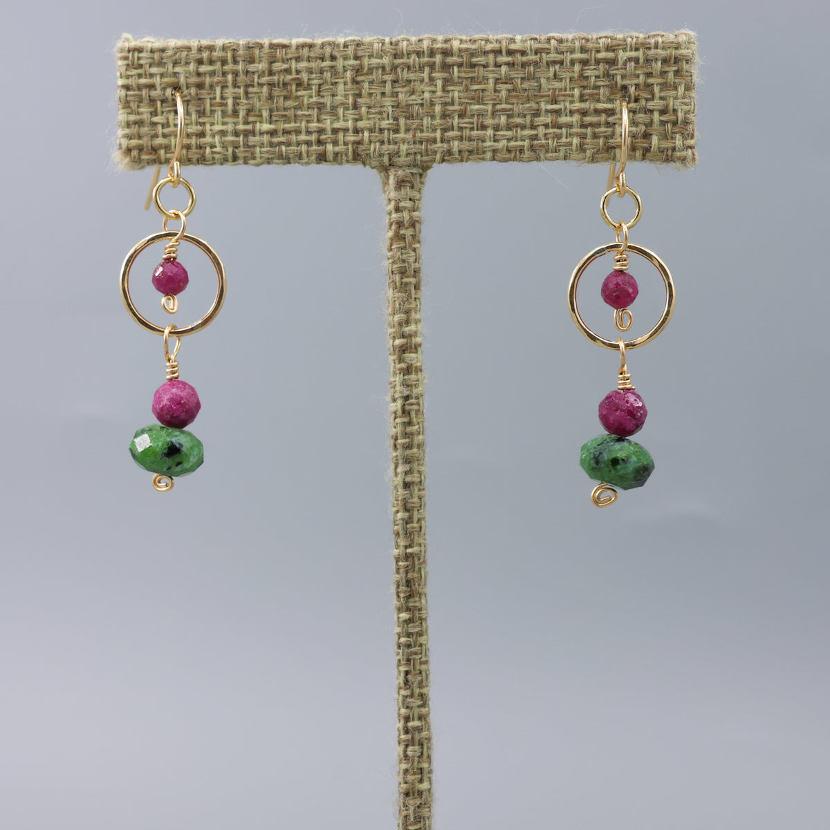 handmade ruby and ruby zoisite gold filled dangle earrings on a linen hanger