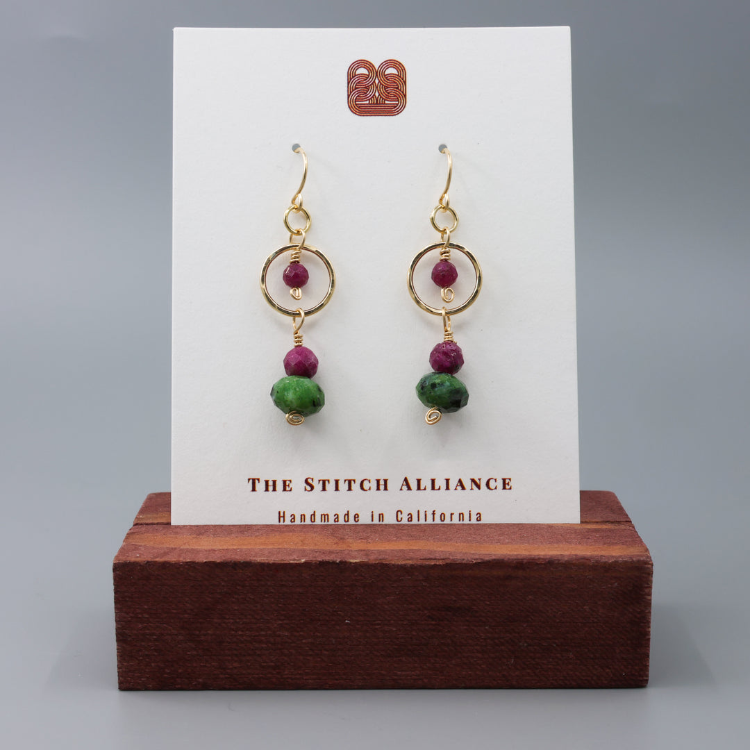 handmade ruby and ruby zoisite gold filled dangle earrings on a white card