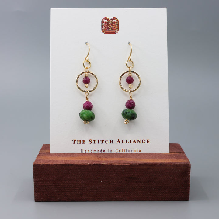 handmade ruby and ruby zoisite gold filled dangle earrings on a white card