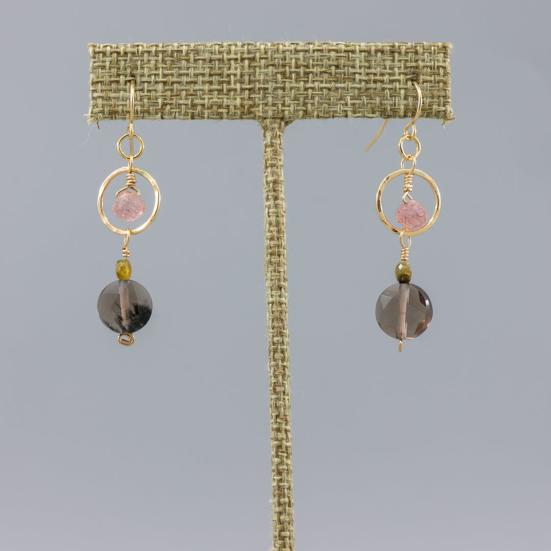 ice obsidian, strawberry quartz gold filled dangle earrings