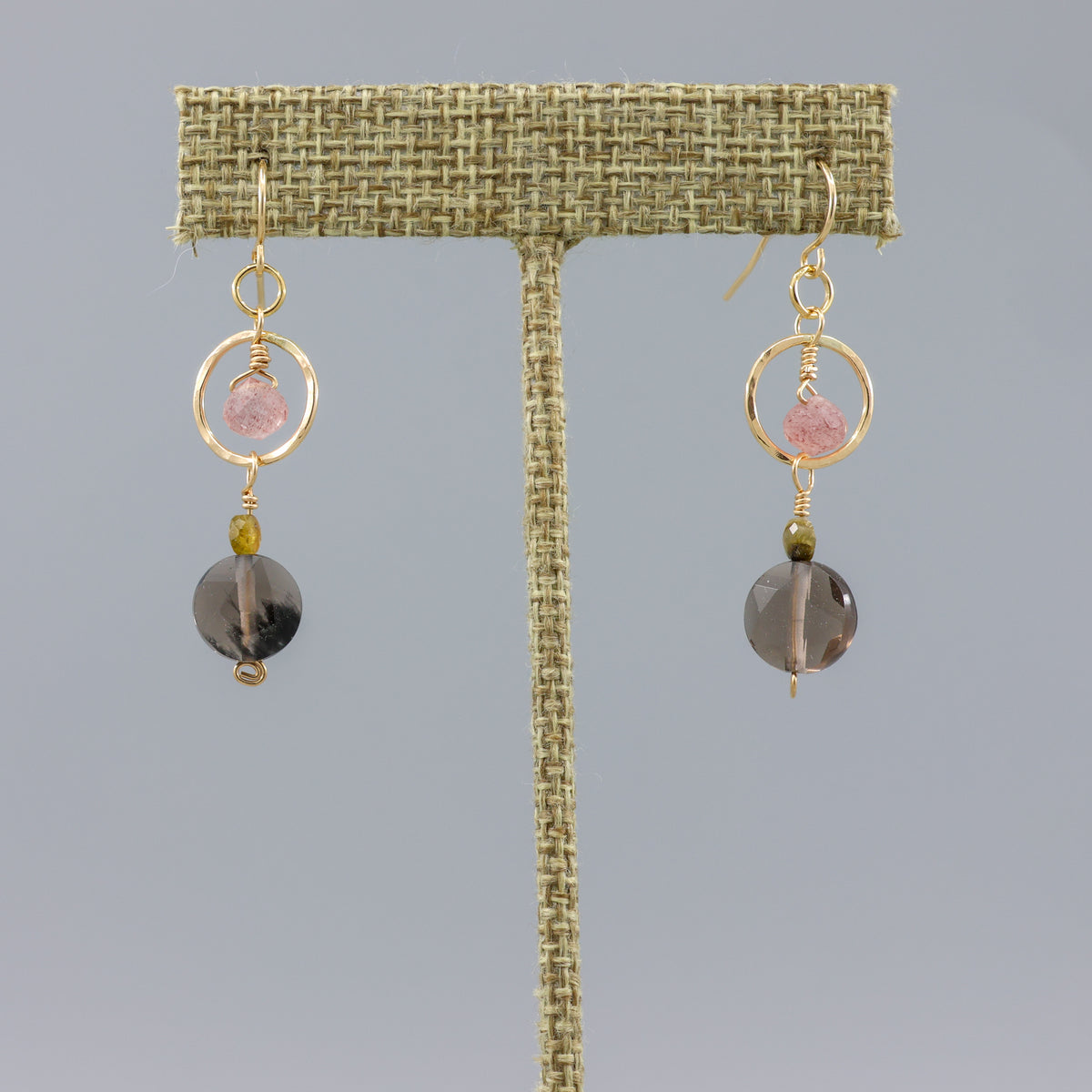 ice obsidian, strawberry quartz gold filled dangle earrings