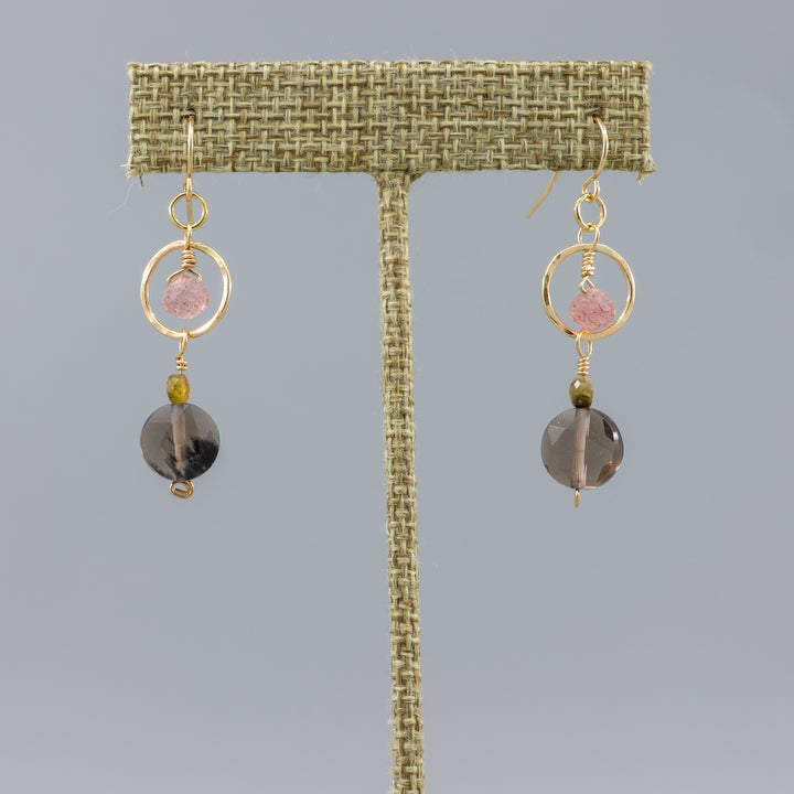 ice obsidian, strawberry quartz gold filled dangle earrings