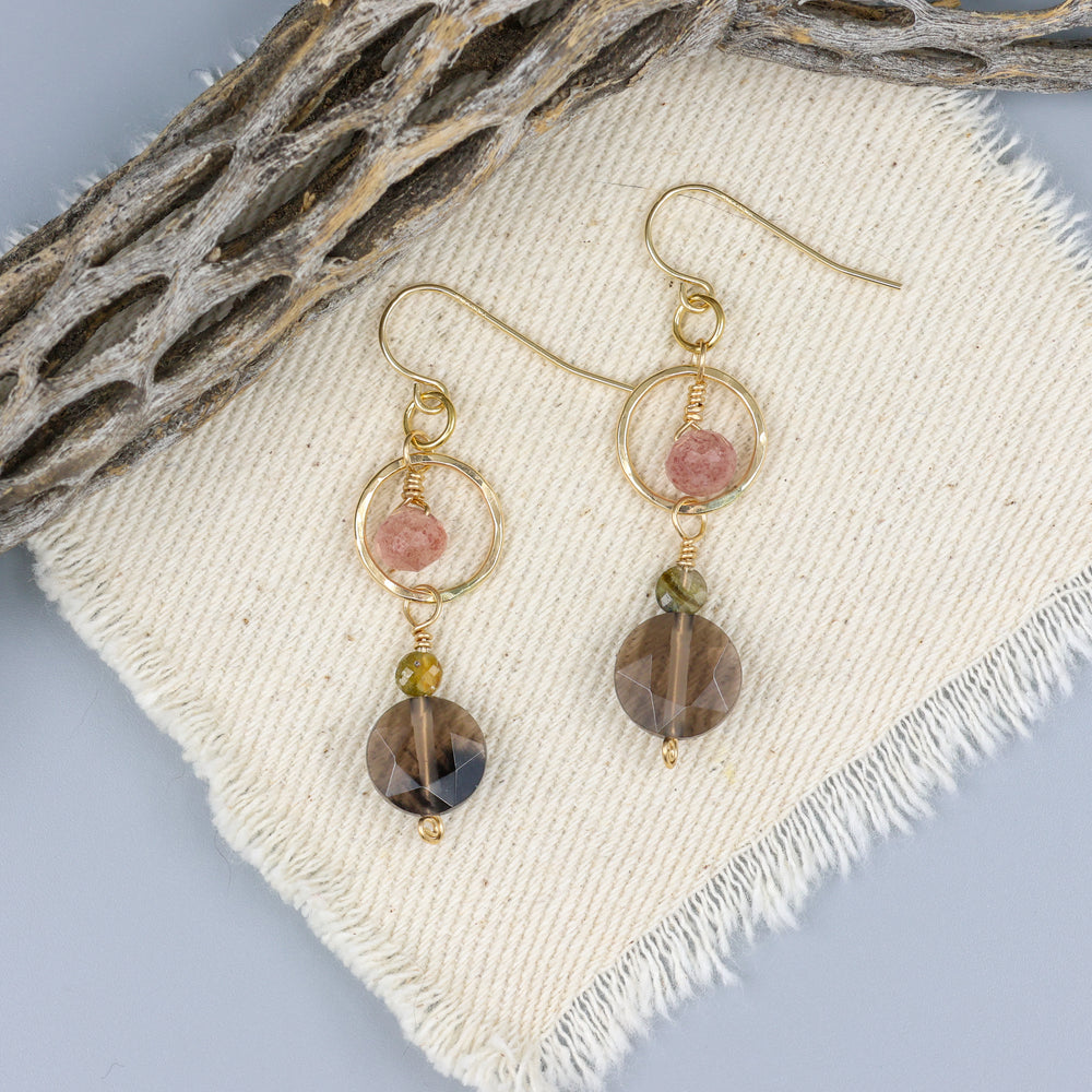 handmade ice obsidian, strawberry quartz gold filled dangle earrings