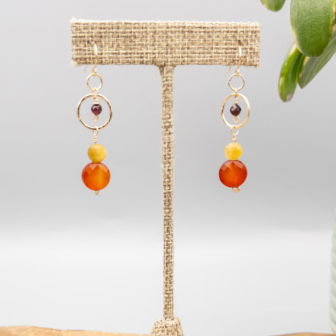 gold filled carnelian, golden tiger's eye, and garnet  dangle earrings