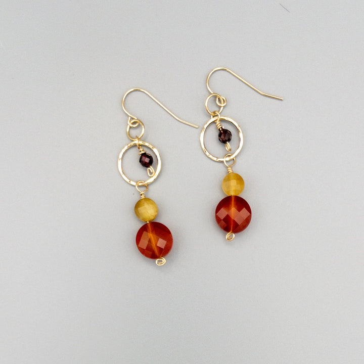 handmade gold filled carnelian, golden tiger's eye, and garnet  dangle earrings