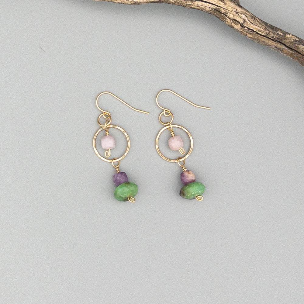 chrysoprase and lepidolite gold filled handcrafted earrings on a gray brackground