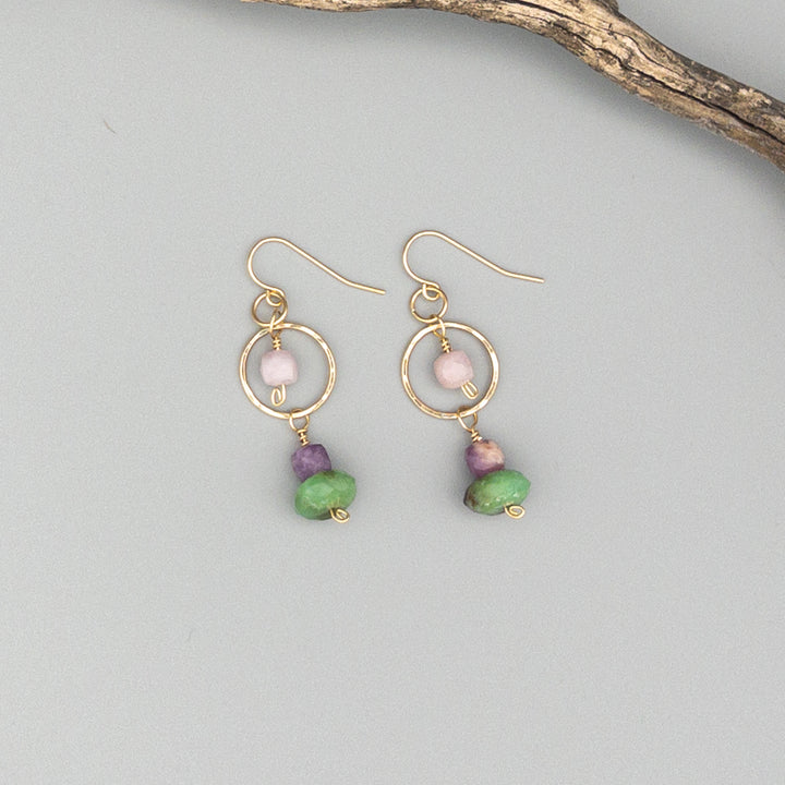 chrysoprase and lepidolite gold filled handcrafted earrings on a gray brackground