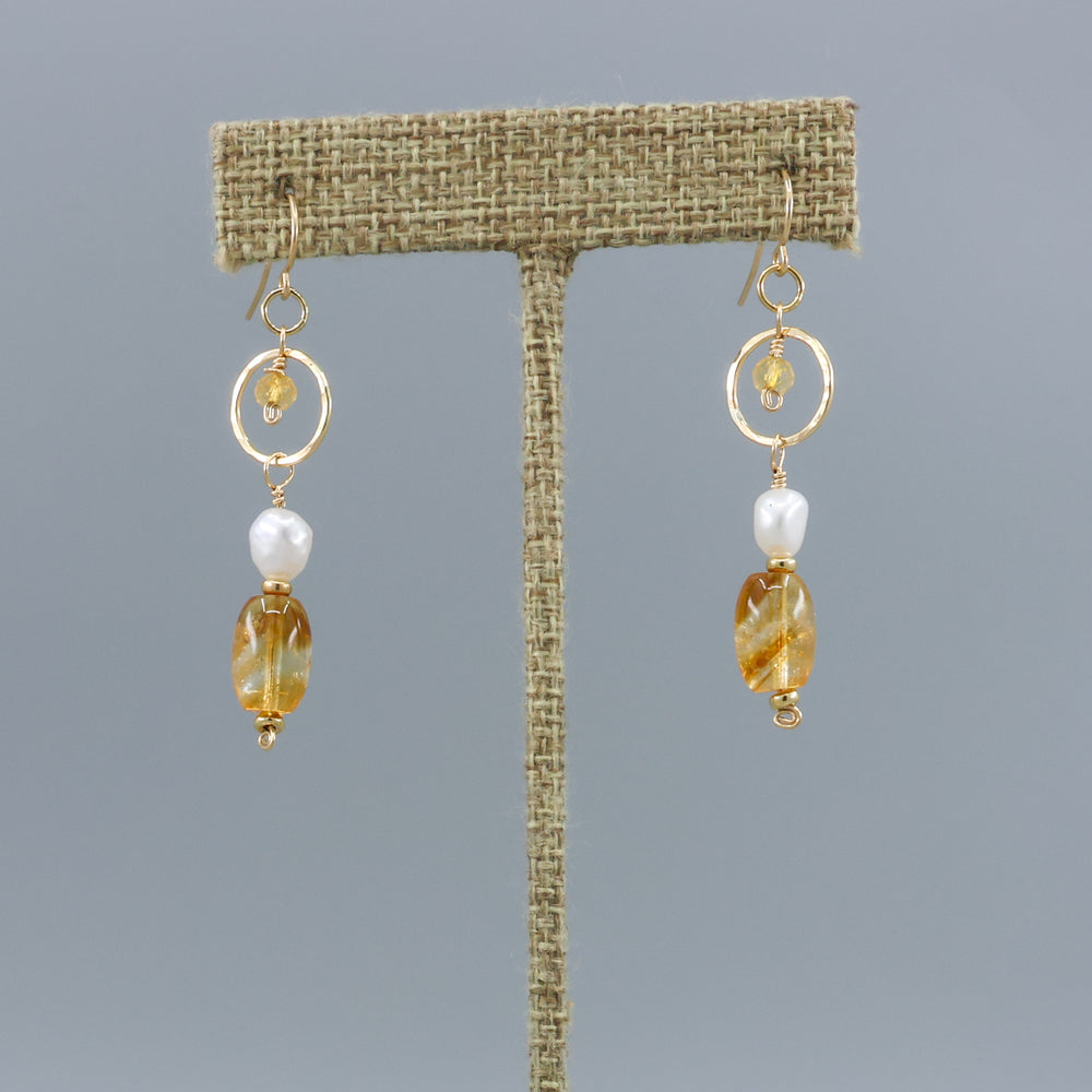 handmade gold fill dangle earrings with citrine and freshwater pearl beads