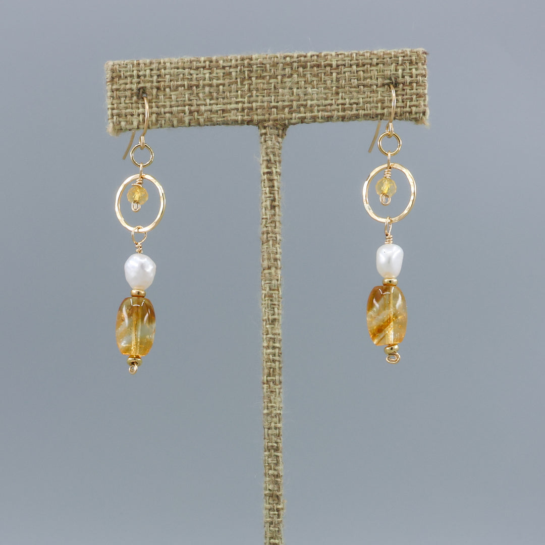 handmade gold fill dangle earrings with citrine and freshwater pearl beads