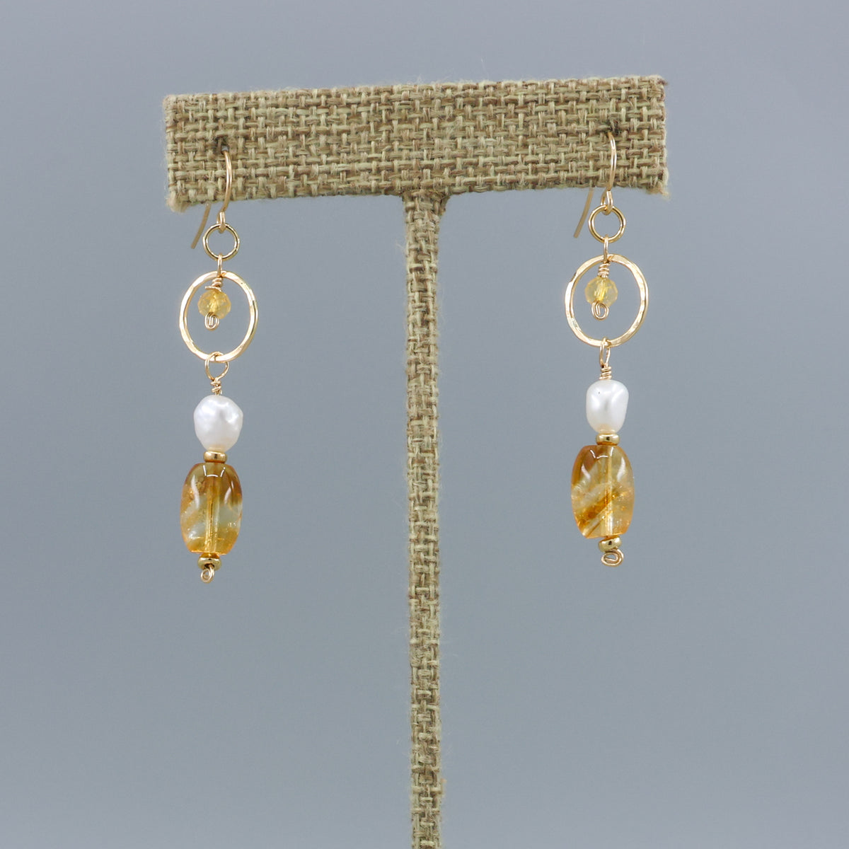 handmade gold fill dangle earrings with citrine and freshwater pearl beads