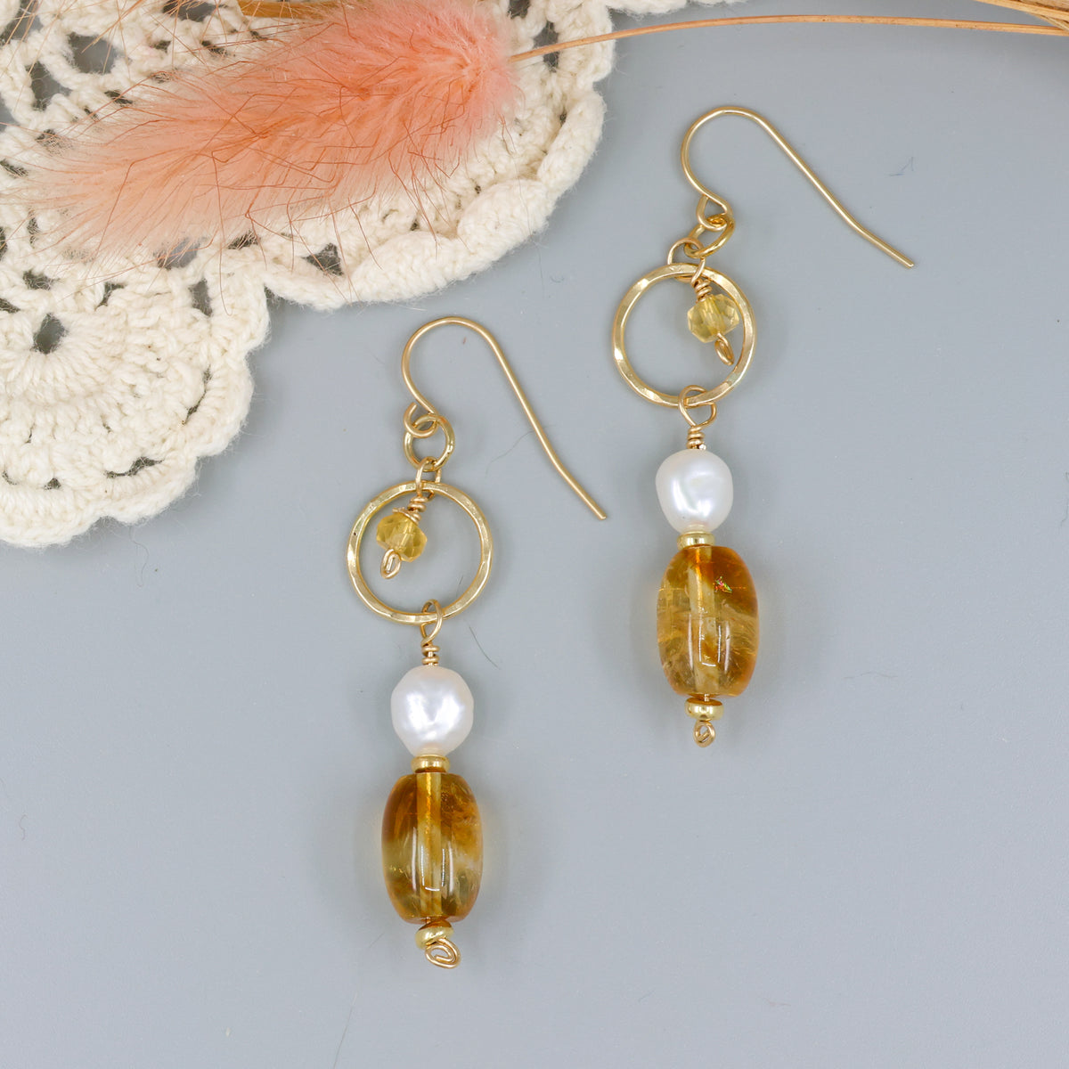 handmade gold fill earrings with citrine and freshwater pearl beads