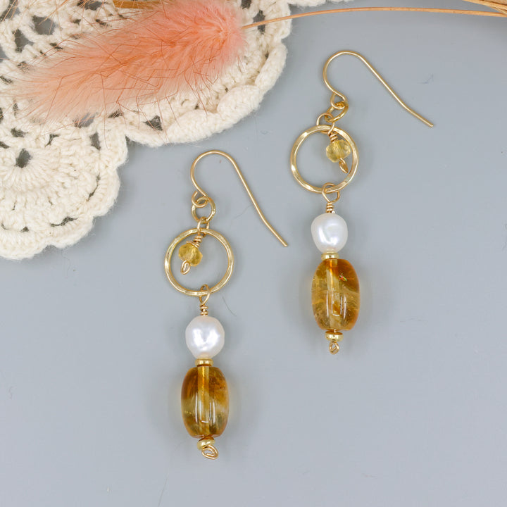 handmade gold fill earrings with citrine and freshwater pearl beads