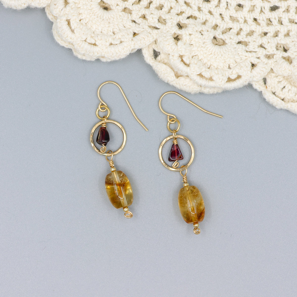 handmade citrine, garnet, and 14k gold filled earrings